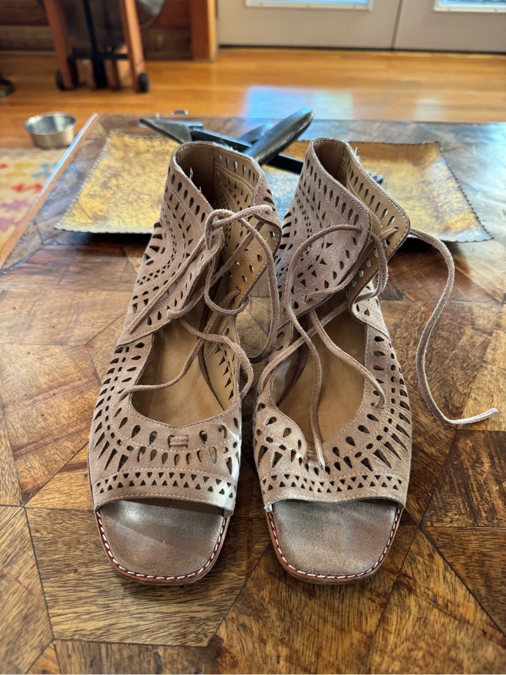 Vaneli Taupe Laser-Cut Suede Lace-Up wedge Sandals in NARROW
